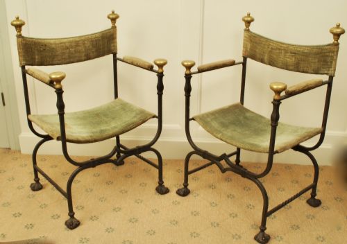 A Decorative Pair of 19th Century Italian Metal Armchairs with Paw Feet