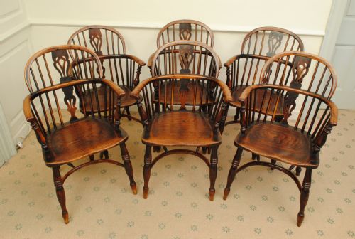 Super Set of Six Yew Tree Windsor Armchairs