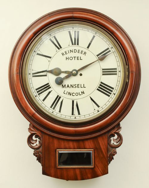 Large Twin Fusee Mahogany Dial Clock, 18" Dial