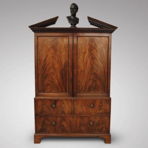 George III Mahogany Linen Press with Broken Arch Pediment