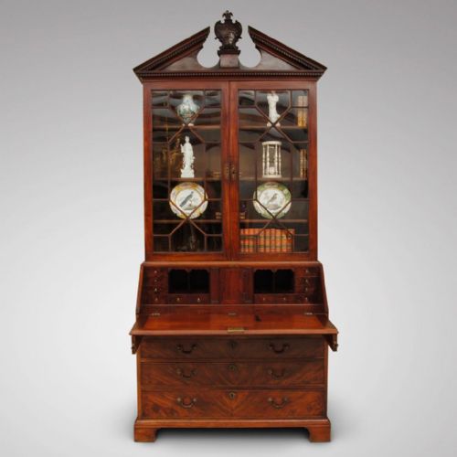 A Fine 18th Century Mahogany Bureau Bookcase with Broken Arch Pediment and Carved Cartouche