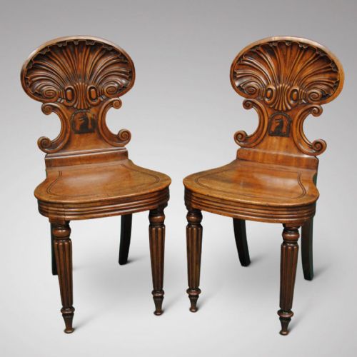 Pair of Regency Period Shell Back Hall Chairs