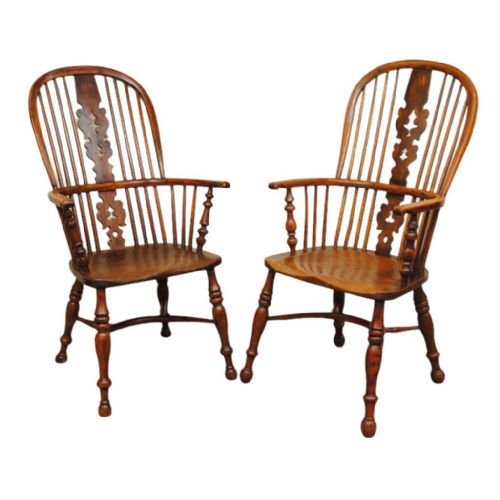 A Matched Pair of Nottinghamshire Yew Wood High Back Windsor Armchairs