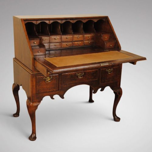 Charming 18th Century Oak Bureau on Original Cabriole Leg Stand