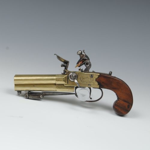 A Triple Barrel Brass Boxlock Pistol with Bayonet by Bass