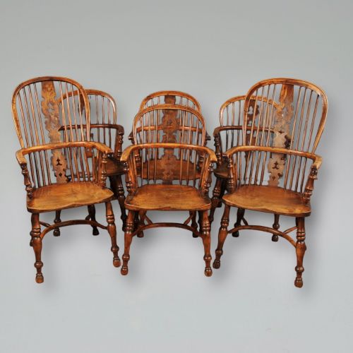 A Fine Matched Set of Six Nottinghamshire Yew Tree Windsor Armchairs