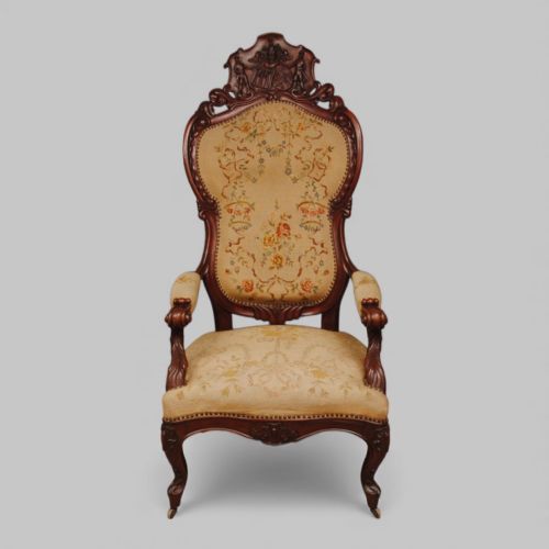VICTORIAN ARMORIAL CARVED MAHOGANY ARMCHAIR - ADDITIONAL PHOTO 1