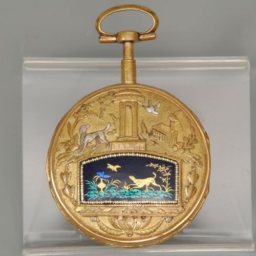 FRENCH GILT POCKET WATCH WITH ENAMEL BACK - ADDITIONAL PHOTO 2