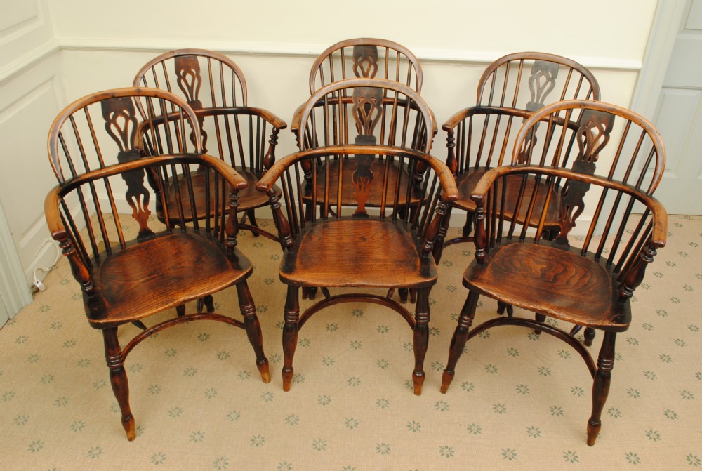 Super set of six yew tree Windsor armchairs