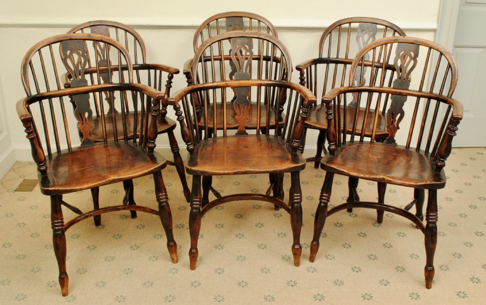 Super set of six yew tree Windsor armchairs View II