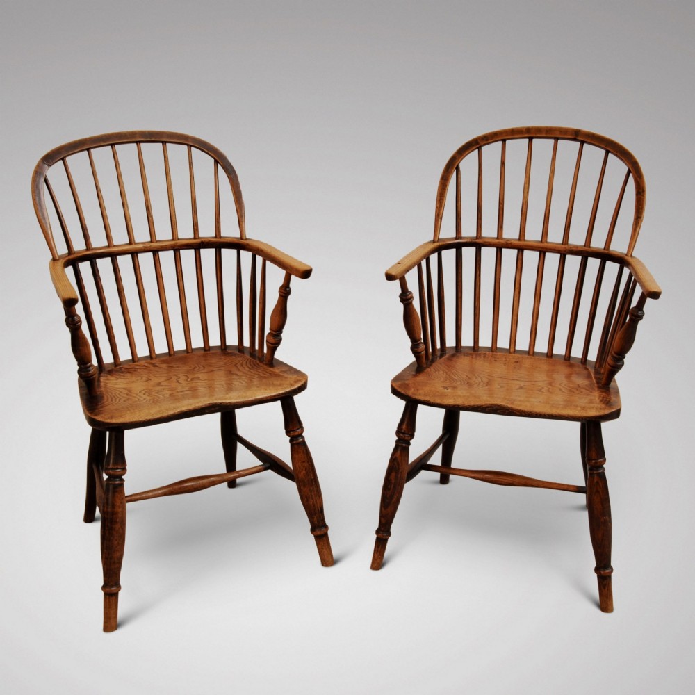 PAIR OF 19TH CENTURY ASH AND ELM STICK BACK WINDSOR ARMCHAIRS