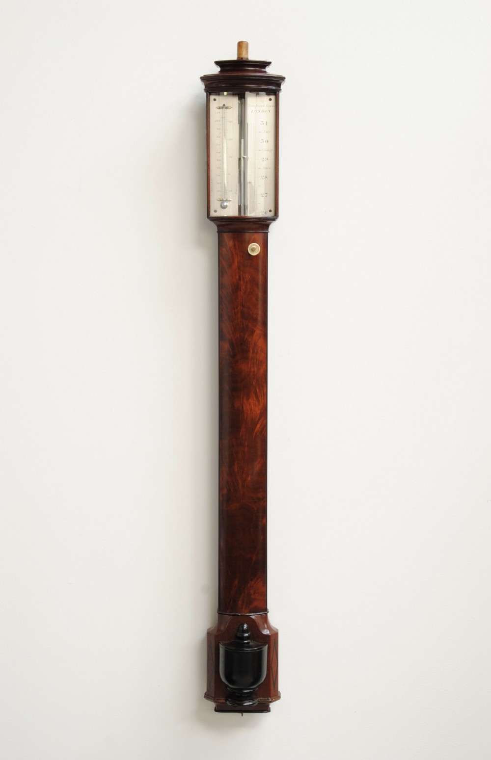 AN EXCELLENT EXAMPLE OF REGENCY PERIOD MAHOGANY BOW FRONTED STICK BAROMETER
