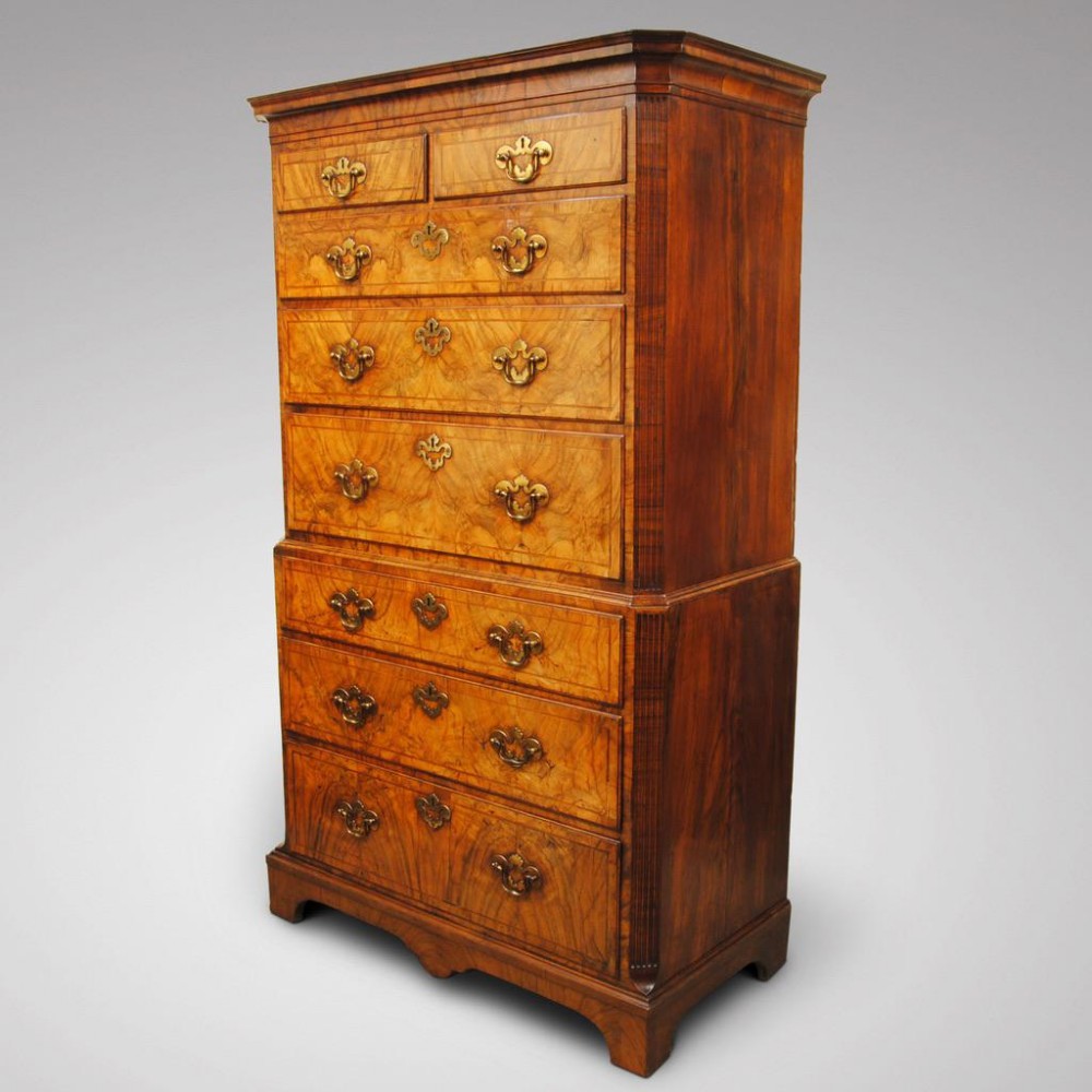 A WONDERFUL EARLY 18TH CENTURY WALNUT CHEST ON CHEST