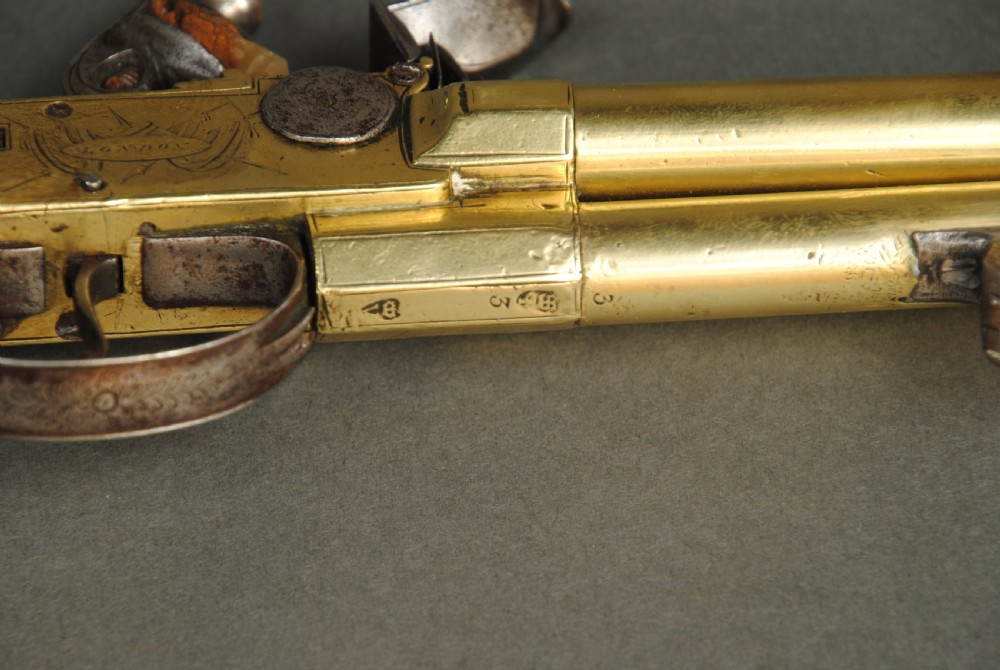 A TRIPLE BARREL BRASS BOXLOCK PISTOL WITH BAYONET BY BASS View VIII