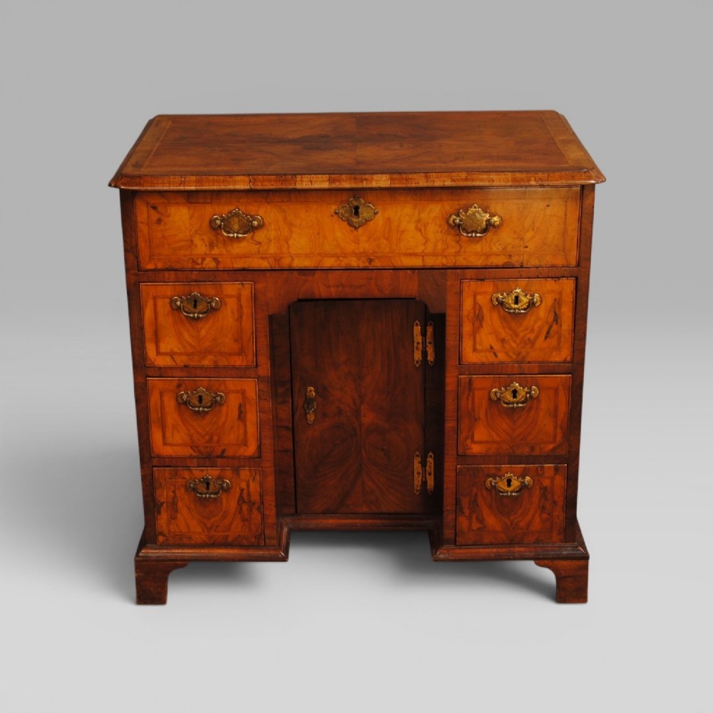 An 18th-century Queen Anne burr walnut kneehole desk featuring a long upper drawer, six side drawers, a central recessed cupboard, brass teardrop handles, and bracket feet. View II