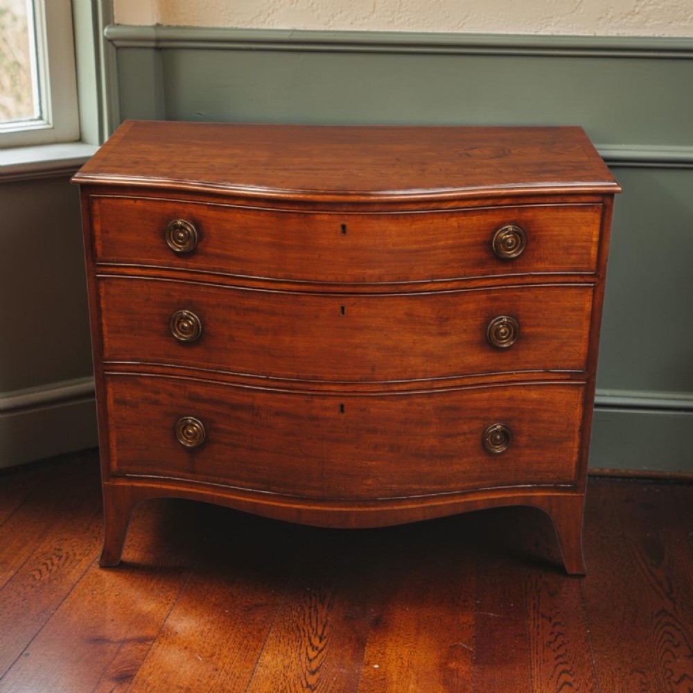 A mahogany chest of drawers featuring a serpentine curved front, three long drawers with circular brass drop handles, and splayed bracket feet. View V