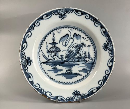 A Mid 18thc English delft (probably Liverpool) chinoiserie design plate