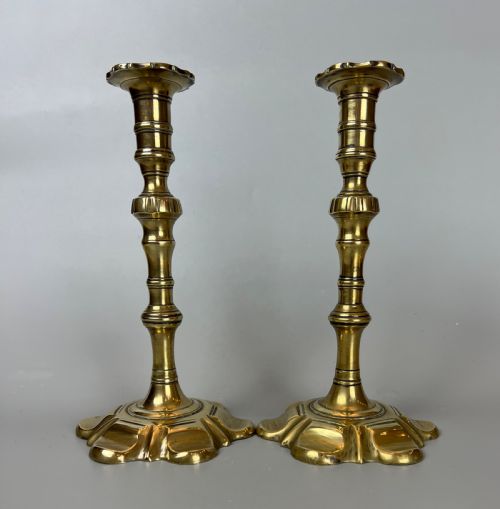 A very fine pair of mid 18thc brass stem-ejector candlesticks c.1740-50