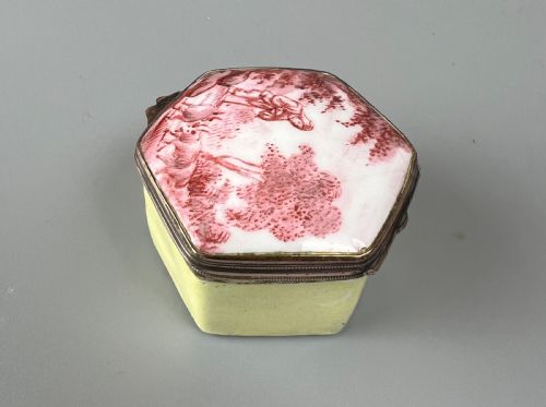 A c.1795 hexagonal Bilston/S Staffs enamel patch box, painted with a rural scene