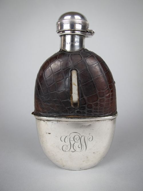 George V Silver & Crocodile Leather Hip Flask by E a Jacob, London, 1914.