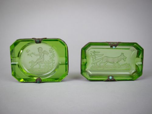 Near Pair of Czech Green Intaglio Dishes with Brass Filigree and Jewel Detail.