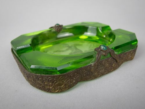 fig 1. Near Pair of Czech Green Intaglio Dishes With Brass Filigree and Jewel Detail.