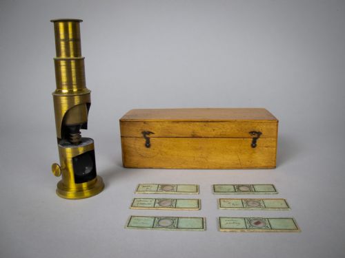French Brass Field Microscope with Original Box & Slides, C.1880-90.