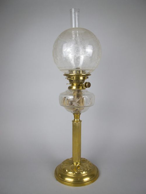 Large Brass Corinthian Column Oil Lamp with Hinks No. 2 Duplex Burner
