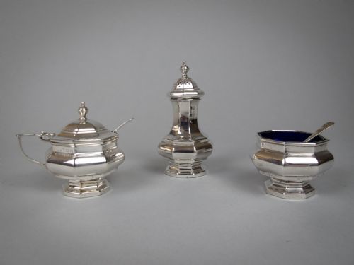 Sterling Silver Three Piece Cruet Set with Spoon by Ernest Druiff & Co, 1925.