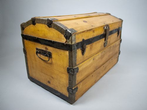 19th Century Domed Pine Iron Bound Trunk by Eagle Lock Co, Usa.