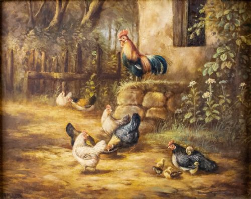 fig 1. A. Muller (German School), 19th Century Chickens In Farmyard Scene - Oil On Board.