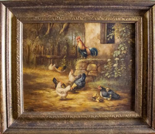 A. Muller (German School), 19th Century Chickens in Farmyard Scene - Oil on Board.