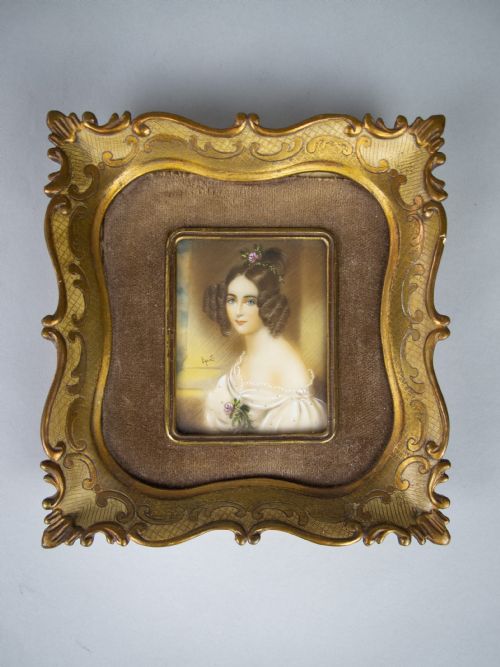 Finely Painted 19th Century French Miniature Portrait of a Young Lady - Signed.
