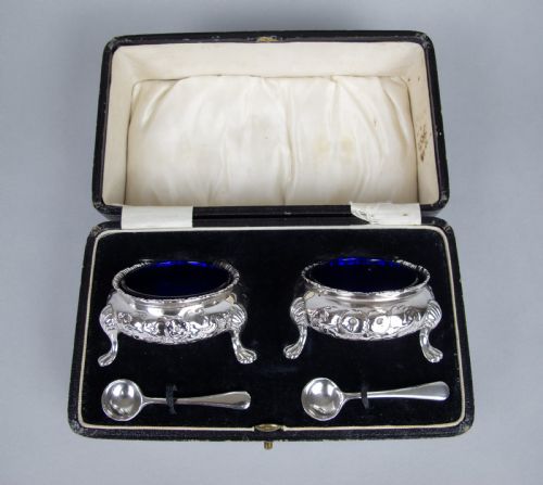 Pair of Large Silver Salt Cellars by Robert Harper, London, 1865 - In Original Case.