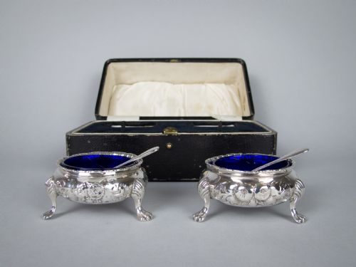 fig 1. Pair of Large Silver Salt Cellars by Robert Harper, London, 1865 - In Original Case.