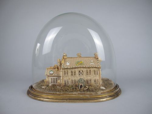 Exceptional Large Victorian Beadwork Diorama of a House with Original Glass Dome.