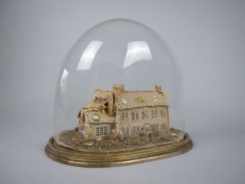 fig 2. Exceptional Large Victorian Beadwork Diorama Of A House With Original Glass Dome.