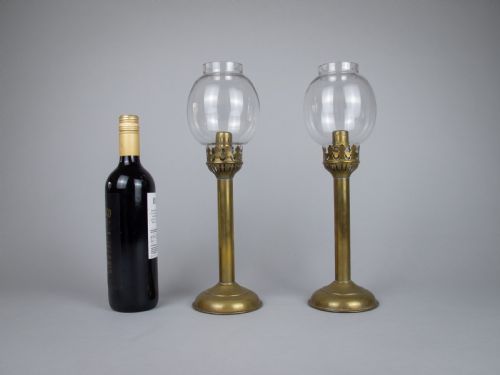 fig 1. Pair Of 19th Century French Brass Gothic Candlesticks With Glass Shades.