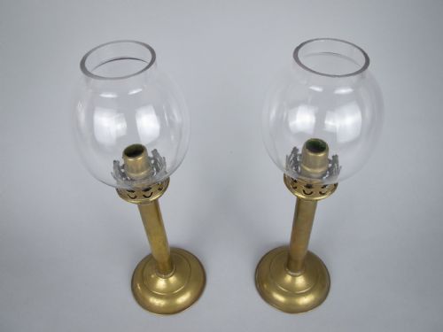 fig 2. Pair Of 19th Century French Brass Gothic Candlesticks With Glass Shades.
