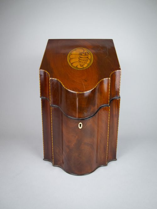 George III Mahogany & Satinwood Inlaid Serpentine Knife / Cutlery Box