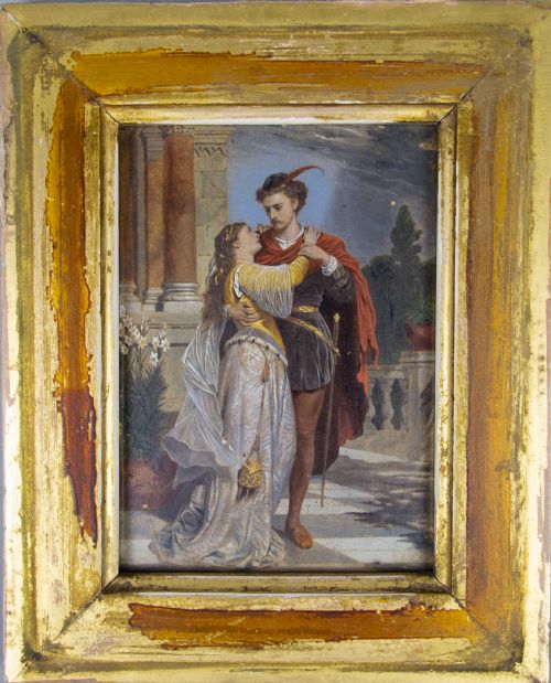 19th Century Oil on Board - Romeo & Juliet on Balcony.