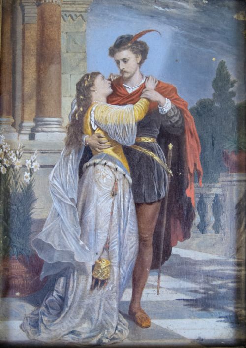 fig 1. 19th Century Oil On Board - Romeo & Juliet On Balcony.