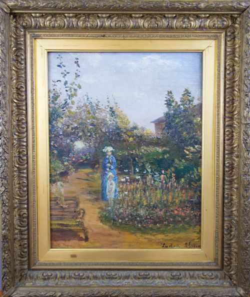 Mid 19th Century French School Impressionist Oil on Canvas - Mother & Child in Garden.
