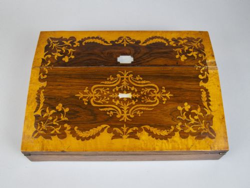 Early Victorian Rosewood & Birds Eye Maple Marquetry Writing Slope, C.1840.