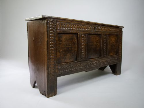 17th Century Oak Plank Coffer with Carved Triple Panel Front.
