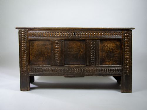 fig 1. 17th Century Oak Plank Coffer With Carved Triple Panel Front.