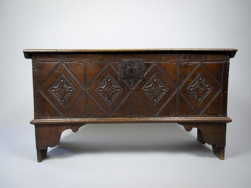 17th Century Style Oak Plank Coffer with Carved Lozenge Design