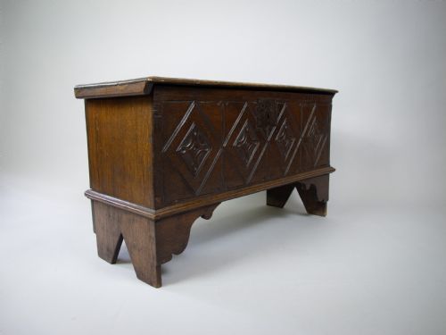 fig 1. 17th Century Style Oak Plank Coffer With Carved Lozenge Design