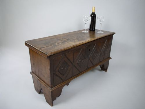 fig 2. 17th Century Style Oak Plank Coffer With Carved Lozenge Design