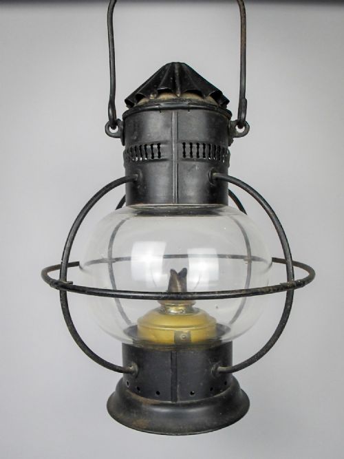 fig 1. Early 20th Century Toleware Globular Hanging Oil Lamp With Brass Burner.